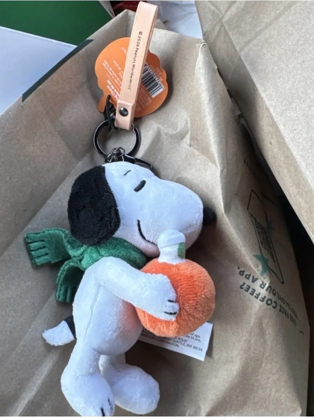 Starbucks Snoopy Plush Keychain with Orange Pumpkin and Green Scarf